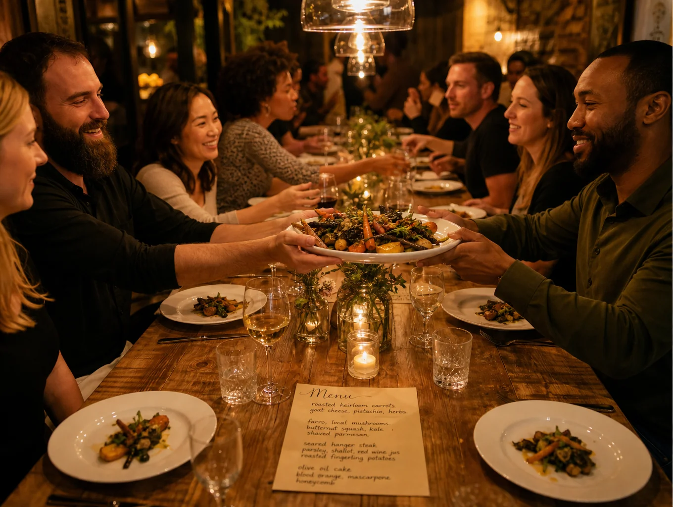 Communal dining table with warm lighting