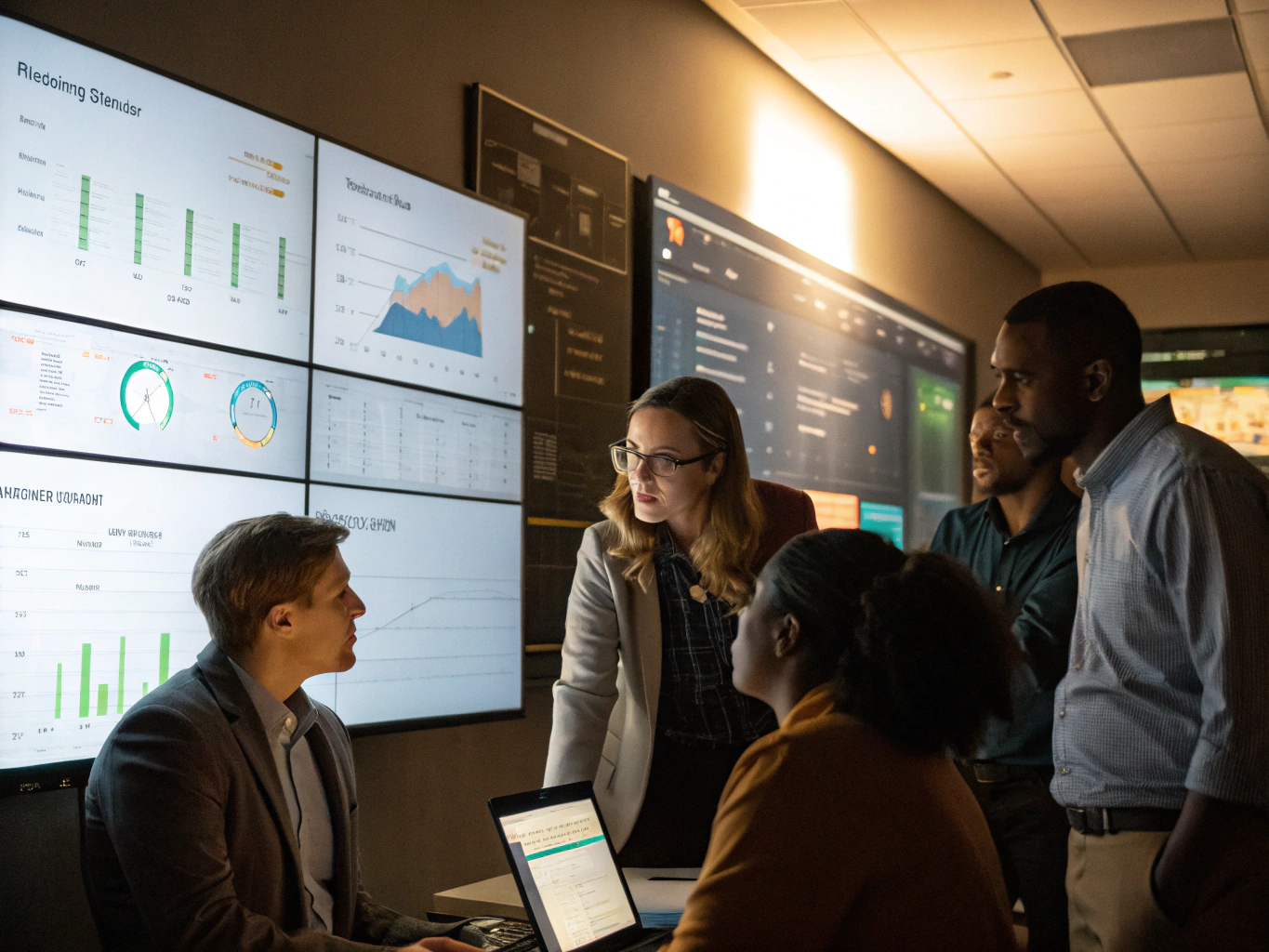 Facility management team monitoring operational systems and efficiency metrics