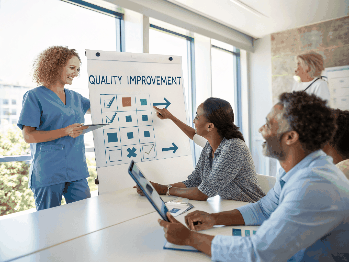 Quality evaluation team reviewing hospitality performance metrics and guest feedback