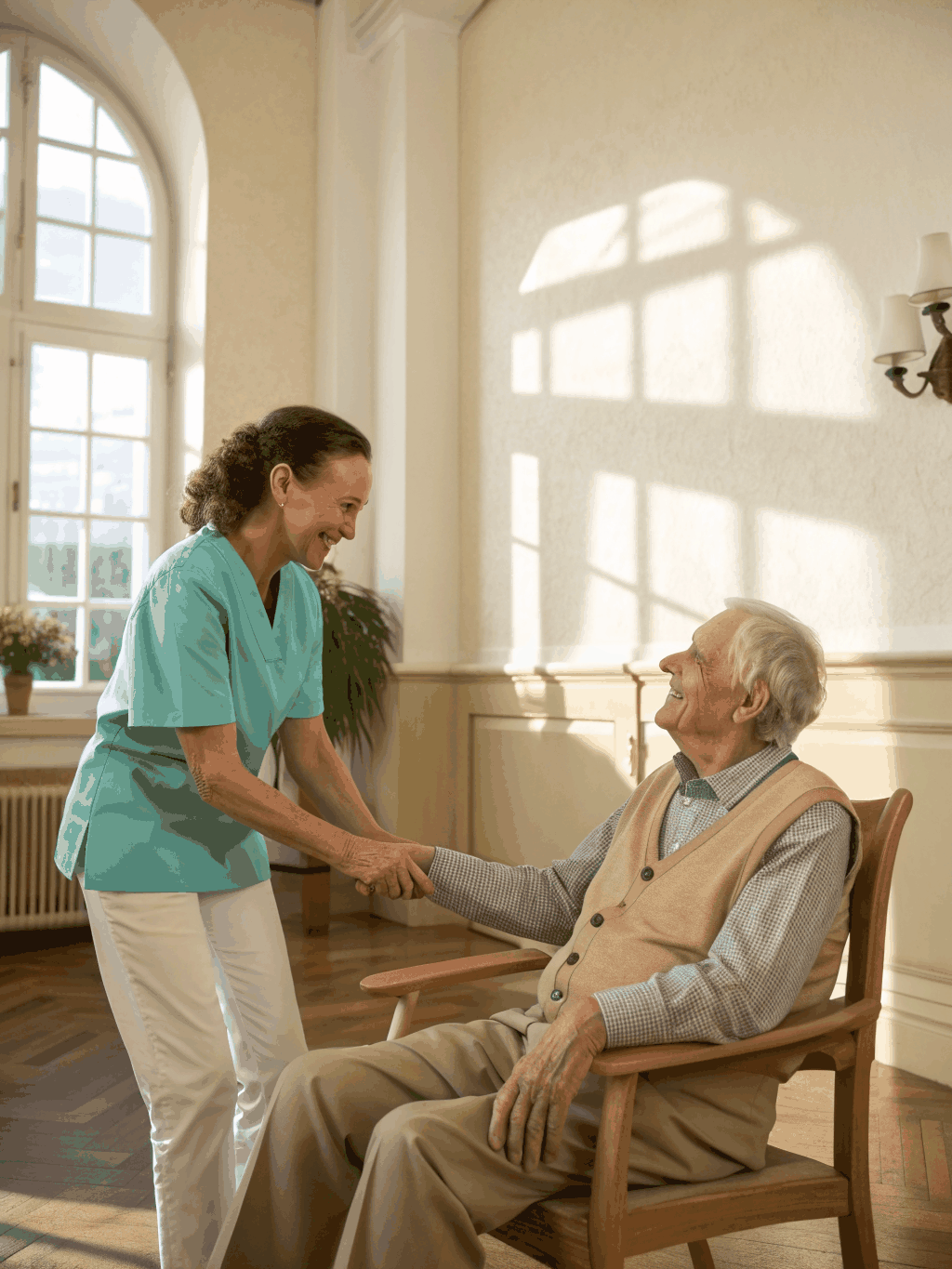 Caregiver holding the hand of an elderly person with compassion during a therapy session
