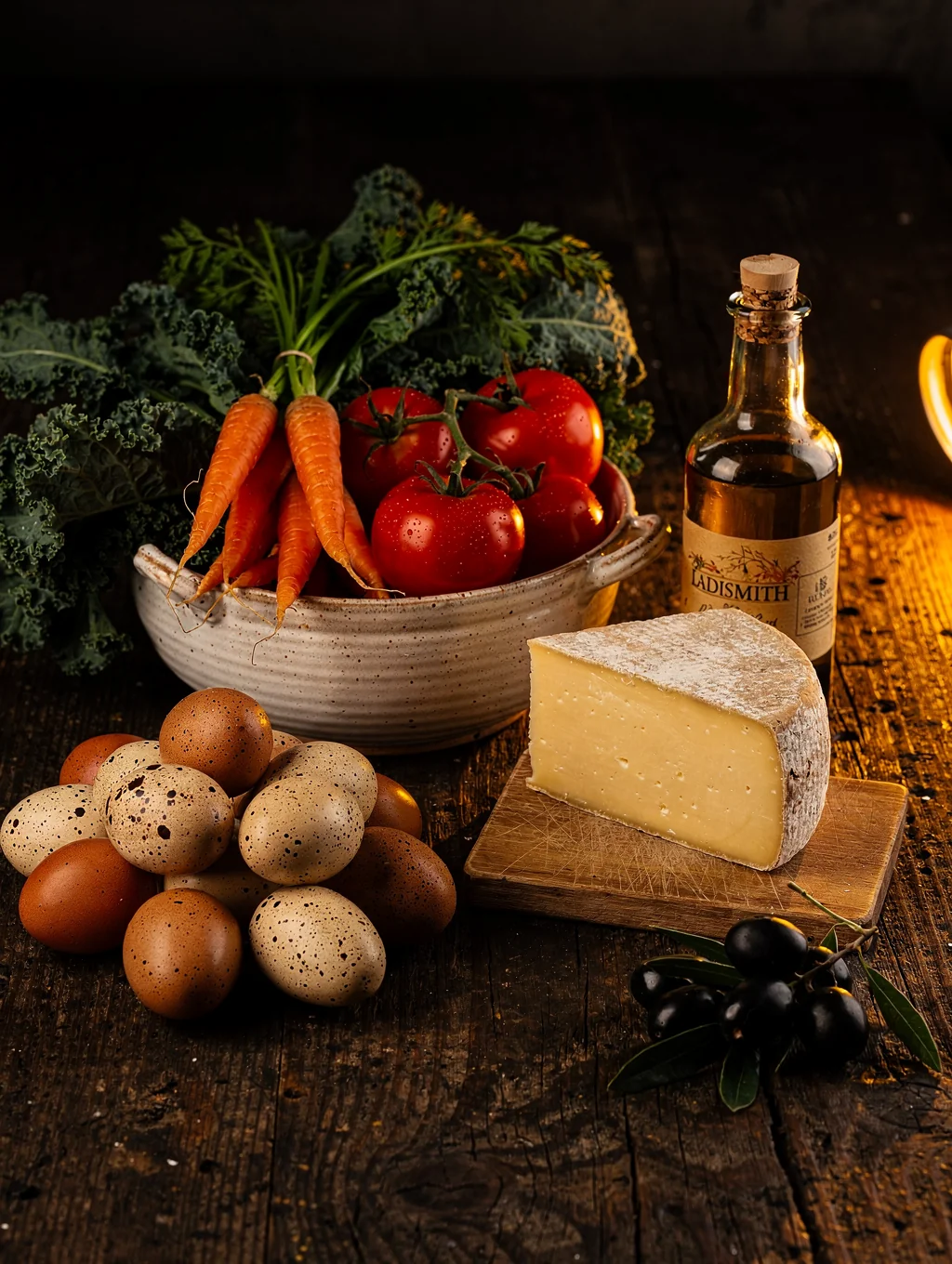 Curated brain-healthy foods including dark leafy greens, berries, nuts, and extra virgin olive oil