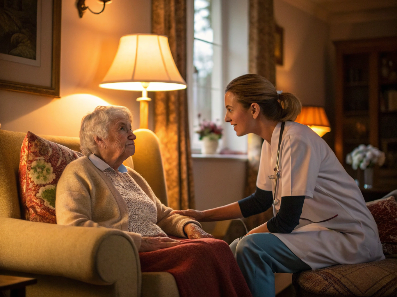 Caregiver supporting an elderly client during a therapy session