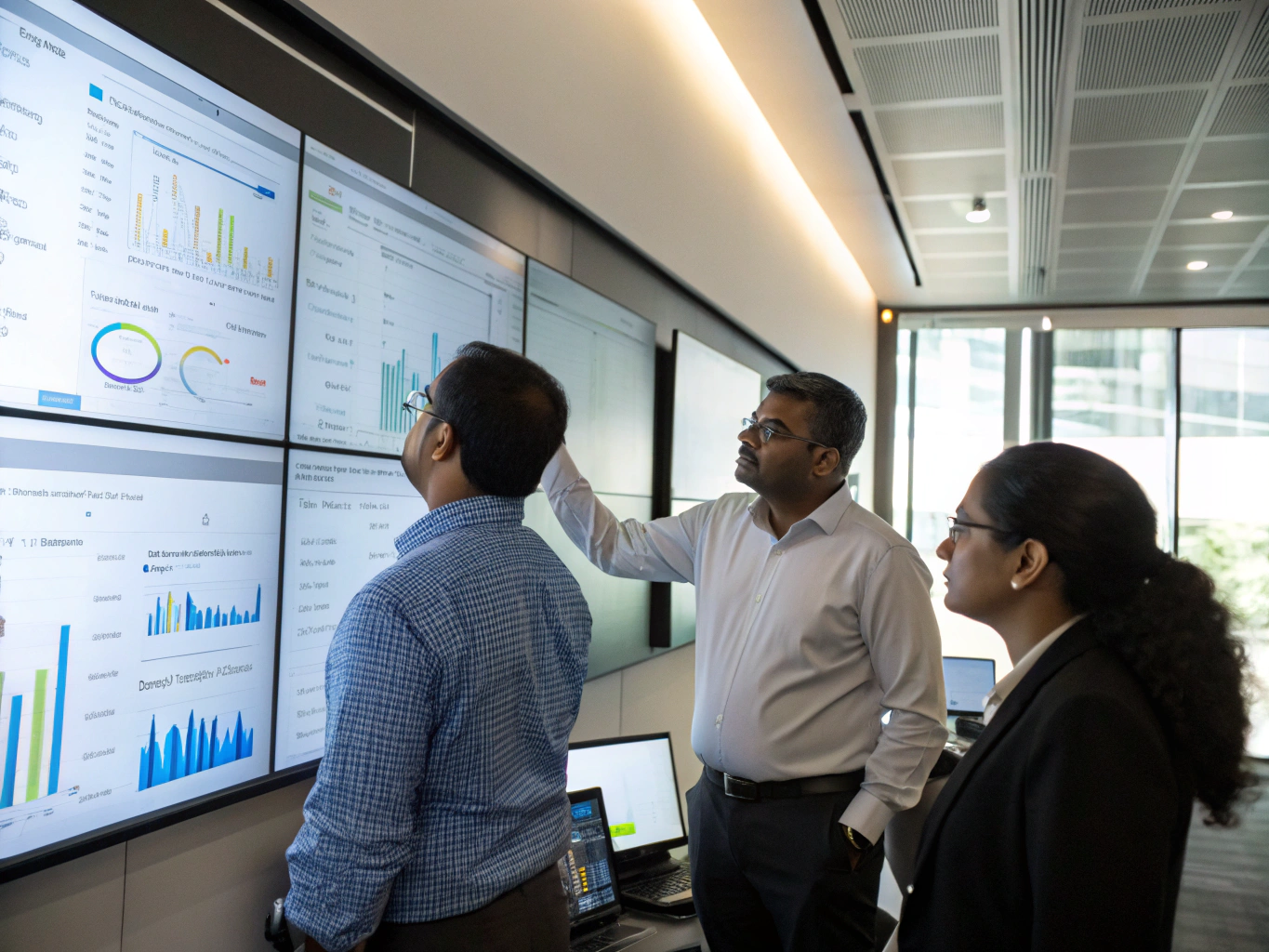 Indian elder care specialists analyzing cognitive engagement metrics and quality improvement reports