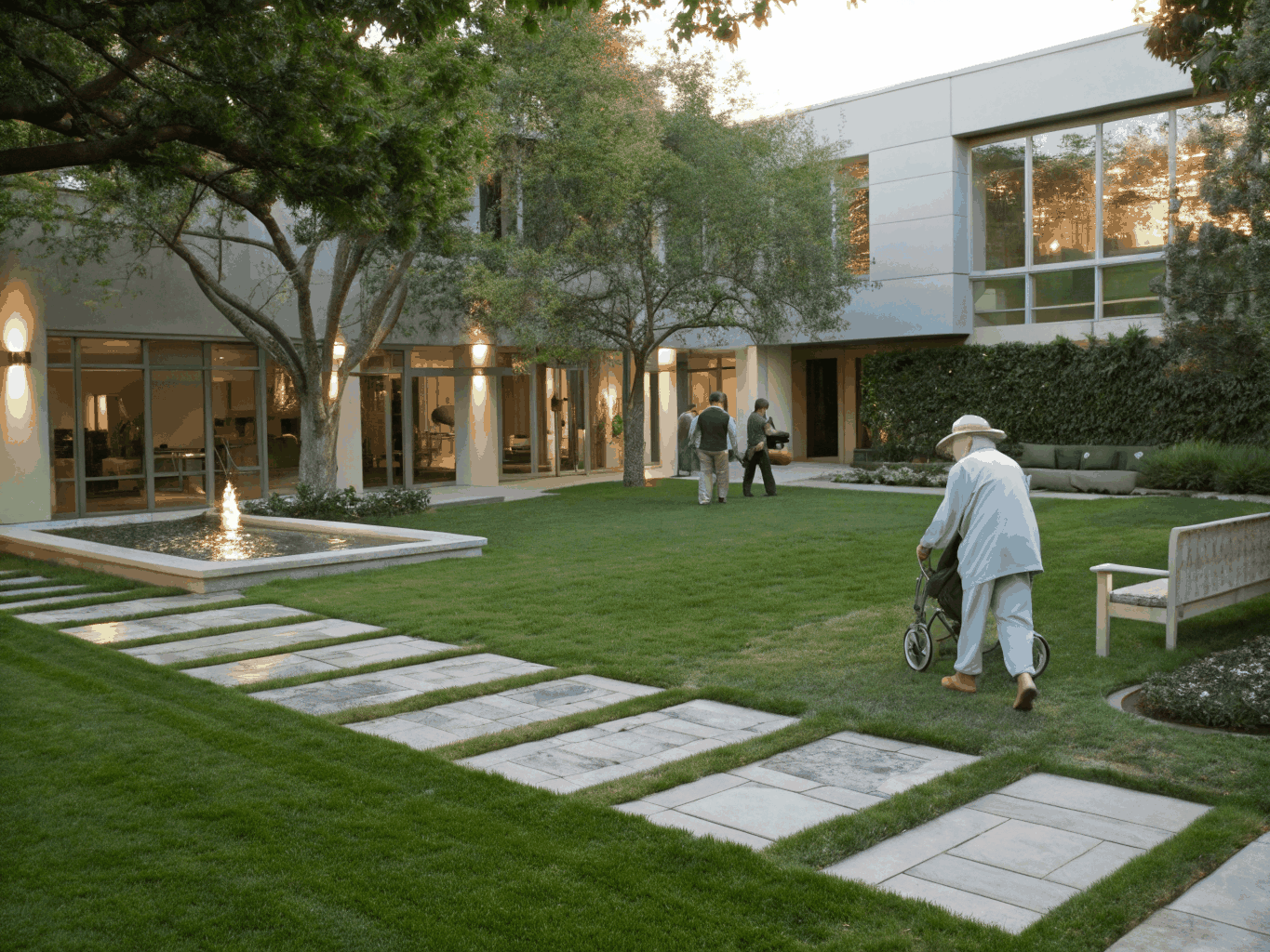 Indian elderly resident exploring a restorative, biophilic space designed with Indian architectural sensibilities