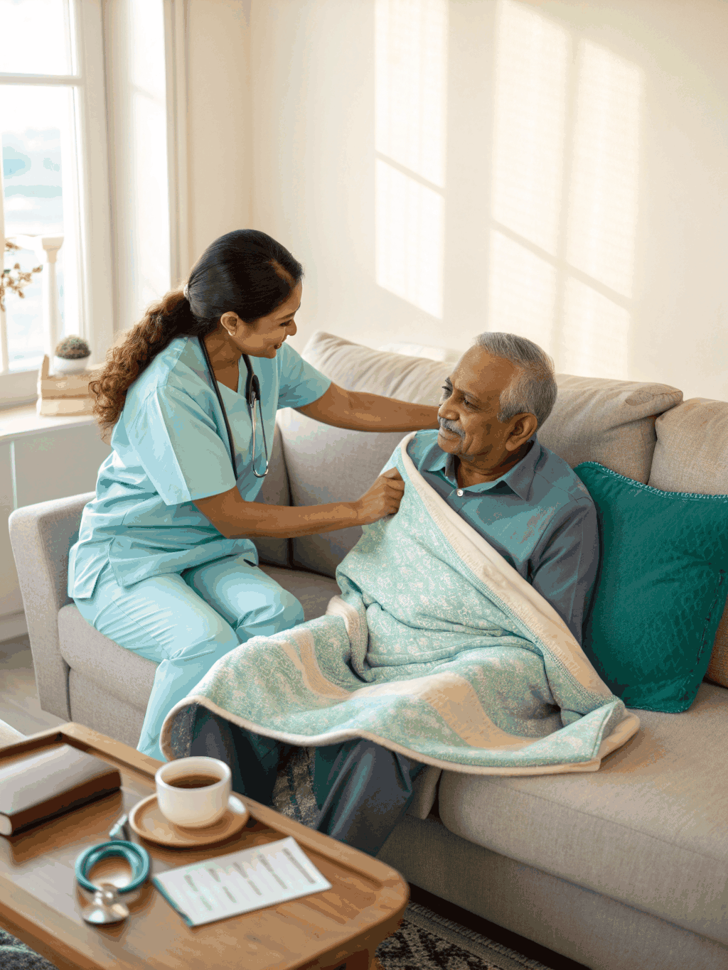 Caregiver showing compassion to an elderly person in India